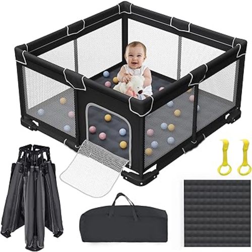 Foldable Baby Playpen with Mat, Large Foldable Playpen for Babies and Toddlers, Folding Baby Activity Center, Portable Play Yard with 2 Handlers + Suitable Size Mat(Black, 50x50 inches)