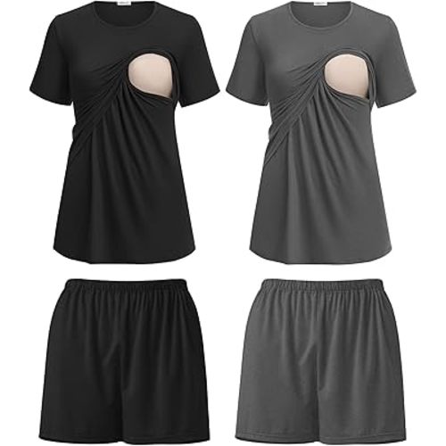 Ekouaer 2 Pack Women's Nursing Pajamas Set Double Layer Maternity Pjs Postpartum Loungewear Set Breastfeeding Tops & Shorts