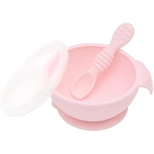 Bumkins Baby Bowl, Silicone Baby Feeding Set with Suction for Baby and Toddler, Includes Spoon and Lid, First Feeding Set, Essential for Baby Led Weaning for Babies 4 Months, Pink