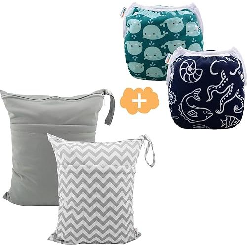 ALVABABY 2pcs Swim Diapers with 2pcs Cloth Diaper Wet Dry Bags