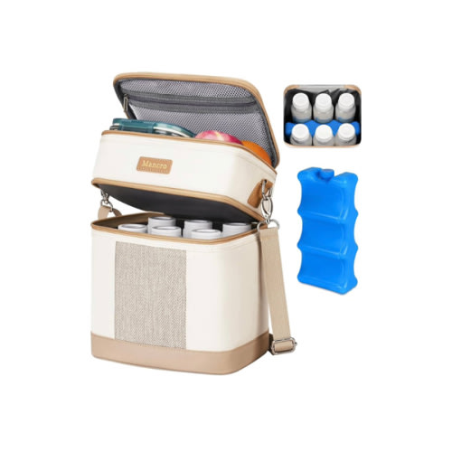 Mancro Breastmilk Cooler Bag with Ice Pack, Double Layer Insulated Baby Bottles Bag Fits 6 Bottles Up to 9 Ounces, Portable Breast Pump Cooler Travel Bag for Daycare and Nursing Moms, Beige