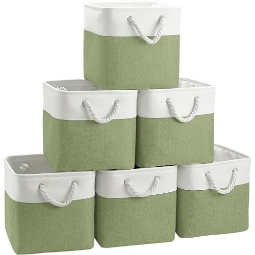 Fabric Cubes Storage Basket, 6 Pack 11x11 in with Handles Foldable Cube Storage Bins, for Shelves, Home, Office, Nursery Organizers (White/ Green)