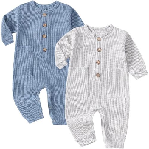 Baby Boys Girls 2 Pack Solid Romper Ribbed Long Sleeve One-Piece Knit Cotton Jumpsuit Outfits Clothes