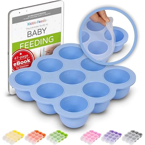 Freezer Tray with Silicone Clip-on Lid, Making Homemade Baby Food Storage Super Easy - Free E-Book by Award-Winning Author/Dietitian - Blue