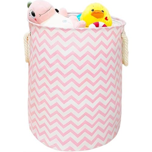 Round Laundry Basket, Waterproof Canvas Large Clothes Basket Laundry Hamper with Handles,Cute Cartoon Kids Nursery Hamper for Girls Room,Toy Storage (pink wave)