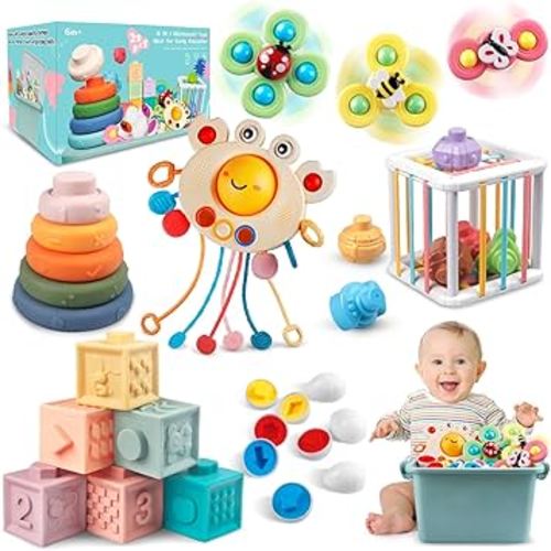 6 in 1 Baby Toys 6 to 12 Months, Montessori Toy for Toddlers 1-3, Infant Teething Babies Toy Stacking Blocks Rings Pull String Toy