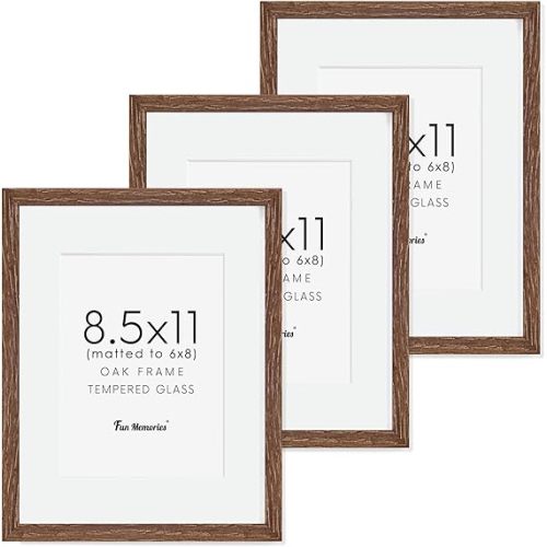 Fun Memories Solid Oak Wood Frame 8.5x11 Photo Frames With Real Glass, Display Poster 6x8 With Mat or Without Mat, Wall Display, Walnut Color, 3 Pack
