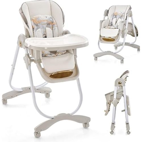 BABY JOY High Chair, Foldable Baby High Chair with Adjustable Height, Backrest & Footrest, Double Removable Tray, Portable High Chair with Wheels for Babies & Toddlers of 6-36 Months