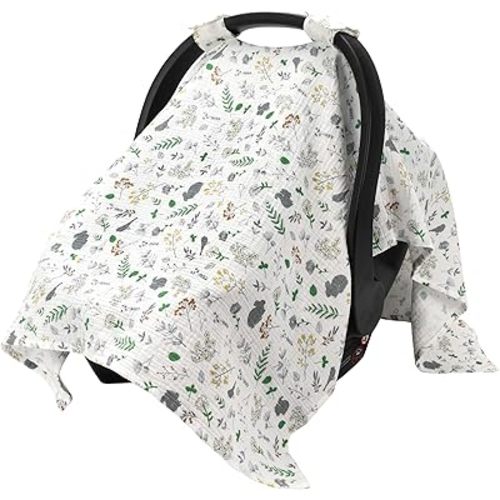 SERAPHY 100% Muslin Cotton Car Seat Covers for Babies, Universal Baby Car Seat Cover, Breathable Muslin Carseat Cover Canopies for Boys and Girls, Soft Infant Car Seat Cover for Summer — Leaves