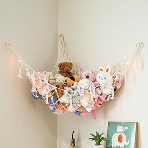 Stuffed Animal Storage Macrame Hammock w/String Lights, Large - Boho Room Decor Toy Storage - Corner Hanging Plushie Stuffed Animal Net Organizer (White)