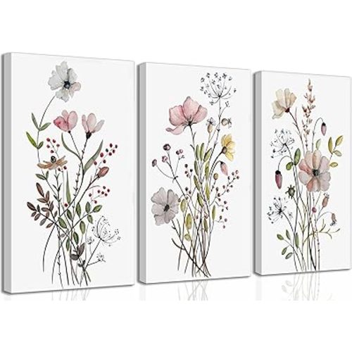 3Pcs Watercolor Wildflower Canvas Wall Art Modern Minimalist Colorful Botanical Floral Painting Pictures Wall Decor Flower Posters Print Artwork for Living Room Bedroom Home Decoration