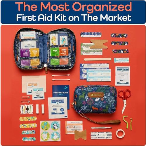 KeepGoing Kids' 130 Pc First Aid Kit - Car, Home, Purse, Diaper Bag - Latex-Free Bandages, TSA-Approved Travel Size - Woodland