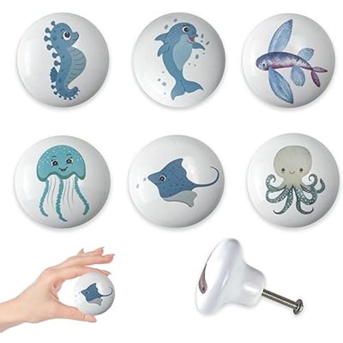 Set of 6 Ceramic Kids Nursery Cute Starfish Turtle Octopus Cabinet Door Handle Dresser Drawer Pulls and Knobs