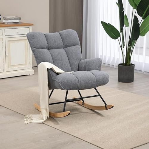 Rocking Chair Nursery Teddy Upholstered Glider Rocker Rocking Accent Chair Padded Seat with High Backrest Armchair Comfy Side Chair for Living Room Bedroom Offices (Grey Teddy)