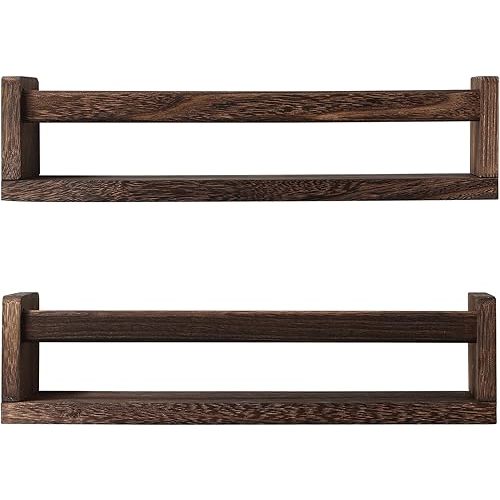 Nursery Book Shelves, Set of 2 Wood Floating Book Shelves for Kids Room, Kitchen Spice Rack, or Rustic Wall Mounted Shelves for Farmhouse Bathroom Decor (Carbon Brown)