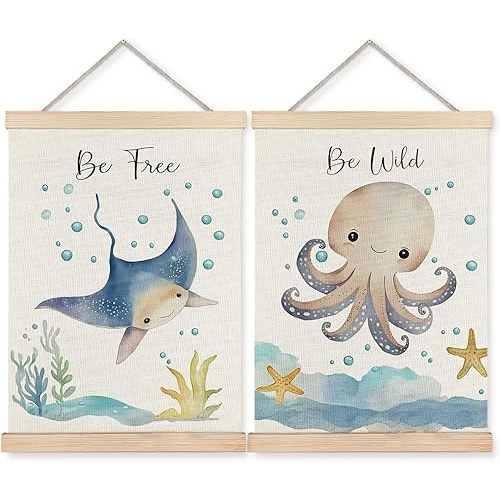 BearCake Ocean Nursery Decor, Stingray Octopus Under the Sea Wall Art Poster Hanger Frame, Inspirational Beach Nursery Canvas Prints Framed Wall Decor for Kids Room Playroom, 12x16 Inch Set of 2