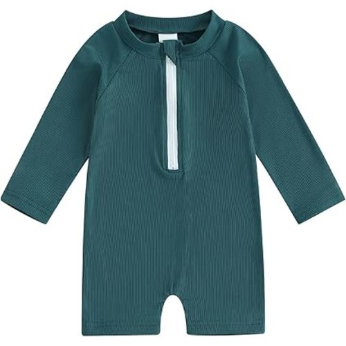 Baby Boy Girl One Piece Swimsuit Long Sleeve Solid Color Sun Protection Rash Guard Summer Swim Jumpsuit Bathing Suit