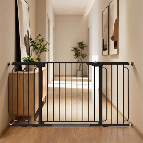 Cumbor 36.6-59" Extra Wide Baby Gate for Stairs, Pressure Mounted Dog Gate for Doorways, Auto-Close Easy Walk Through Safety Child Gate for Kids Toddler, Tall Pet Gates Indoor, Black