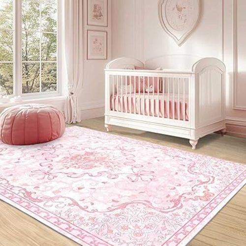Pink Bow Rug for Bedroom Girls,8x10 Nursery Rugs for Living Room with Soft Low Pile, Cute Vintage Non Slip Washable Rug for Nursery Kids Playroom Dining Room College Dorm Girl
