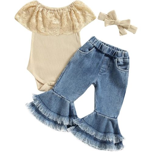 fhutpw Newborn Baby Girl Clothes Infant Rib Frill Long Sleeve Romper Flared Pants Headband Set 3pcs Fall Winter Outfits