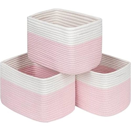 Pink Girls Baby Nursery Rope Toys Baskets , Decorative Woven Storage Baskets for Gift, Cubes Storage Organizer Baskets Bins, Closet Shelf Storage Baskets for Organizing