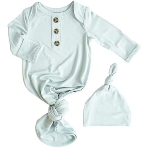 Caden Lane Newborn Knotted Gown with Hat, Soft Bamboo Viscose Baby Sleep Sack, Unisex Infant Nightgown, Breathable Sleepwear