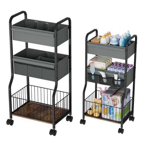 NEYCIL Baby Organizers and Storage, 3-Tier Diaper Caddy Organizer Cart with Lockable Wheels | 4+3 Dividers, Cart for Baby Supplies, Baby Organization for Nursery, Bedroom, Bathroom
