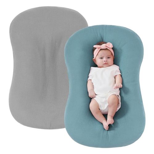 FUNUPUP Muslin Baby Lounger Cover Compatible with Snuggle Me Lounger, Infant Lounger Pillow Cover for Newborn, Removable Newborn Lounger Cover for Boys and Girls, Grey & Blue