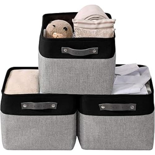 DECOMOMO Storage Baskets for Shelves - Fabric Storage Bins, Linen Closet Organizers and Storage (Grey & Black, Large - 3 Pack)