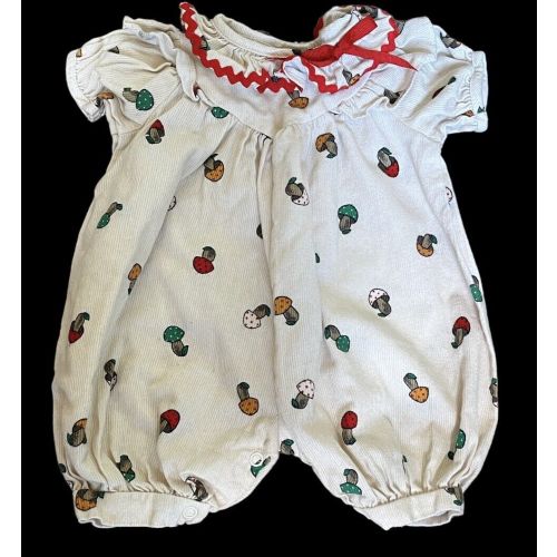 Vintage Allison Ann Baby Girl Romper Corduroy Mushrooms 0-3 Months Ribbon Trim