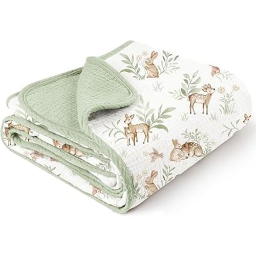 Konssy Muslin Baby Blankets for Girls Boys, 100% Cotton Crib Blanket for Infant Toddler, Super Soft and Lightweight Nursery Swaddling Wrap 40"x36" (Woodland)