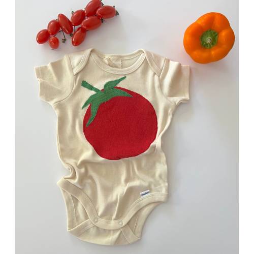 Farm Fresh Tomato Onesie- recycled sustainable tomato applique- gender neutral gift-eco friendly baby/toddler outfit- garden themed