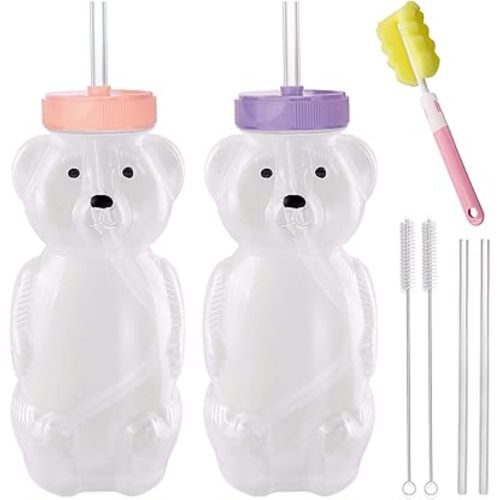 Honey Bear Straw Cups, Juice Bear Bottle Drinking Cup Long Straws with 4 Flexible Straws & Cleaning Tools, 8-Ounce Therapy Sippy Bottles for Speech and Feeding Training, Food-Grade & BPA Free 2 Pack