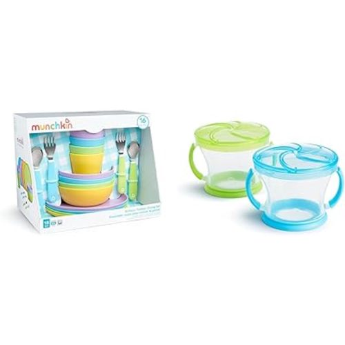 Munchkin® 16pc Baby and Toddler Feeding Supplies Set - Includes Plates, Bowls, Cups and Utensils & Snack Catcher® Toddler Snack Cups, 2 Pack, Blue/Green
