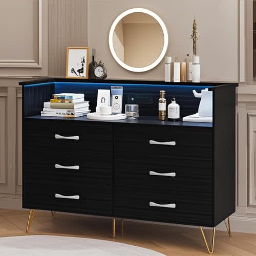 Dresser for Bedroom with Charging Station and LED Lights, Storage Organizer with 6 Drawers Wooden, Chest of Drawers for Living Room, Closet, Bedroom, Guest Room, Hallway Entryway