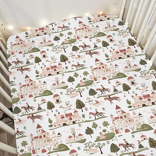 Cute Princess Knight Castle Baby Crib Sheets for Boy Girl 52"x28" Fairytale Castle Woodland Soft Stretchy Fitted Crib Mattress Cover Baby Sheet for Standard Crib and Toddler Bed Mattresses