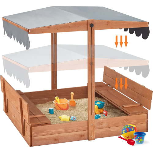 Erommy Kids Wooden Sandbox Outdoor w/ 2 Foldable Bench Seats, Height Adjustable Canopy Roof, Orange