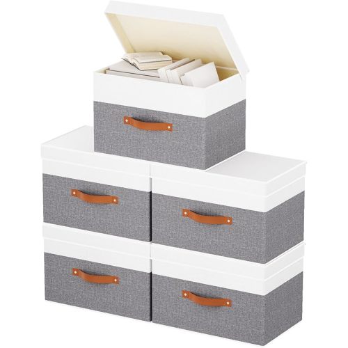 Fabric Storage Bins with Lids, 5 Pack Linen Foldable Cloth Baskets, 15 x 9.8 x 9.8 Inch Closet Organizer Containers with Double Handles, Sweater Boxes for Bedroom, White and Grey