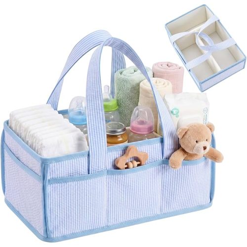 Huhumy Baby Diaper Caddy, Stripe Diaper Caddy Storage Organizer, Stylish Large Tote Bag for Newborn Essentials Nursery Storage Boy or Girl, Gift for Baby Shower and Registry Must-Have(Blue)