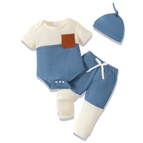 NZRVAWS Newborn Baby Boy Clothes Ribbed Knitted Romper Pants Color Block Infant Outfits Hat Clothing Set 0 3 6 9 12 Months