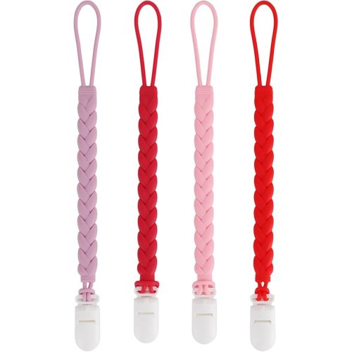 Stylish Silicone Pacifier Clips 4-Pack for Baby Boys and Girls, Woven Rope Flexible Design, Rust-Free Holders for Teething Relief and Baby Essentials, Safe for Newborns (Pink)