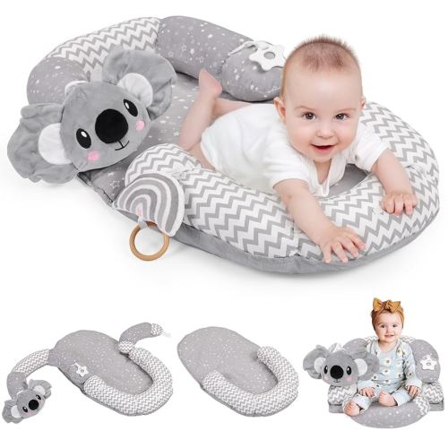 4 in 1 Tummy Time Mat & Seated Support Pillows, Play Mat, Sitting Support for Newborn 0-12 Months, Infant Baby Sit Me Up Floor Seat, Sensory Development Gifts Tummy Time Play Toys, Koala