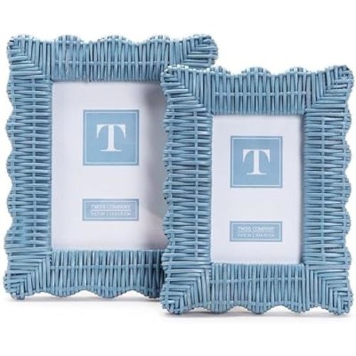 Two's Company Blue Wicker Weave Photo Frames - Handmade Rattan Frames for 4x6 & 5x7 Photos, Boho Desk Decor, Rustic Wall Art, Unique Artisan Home Decor, Scalloped Edge Design - Set of 2
