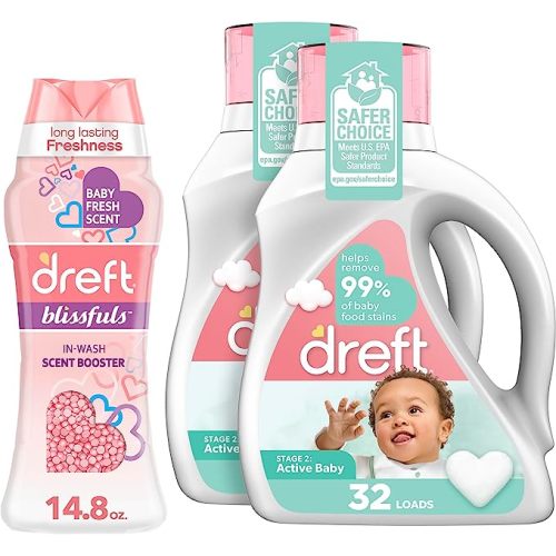 Dreft Stage 2: Active Baby Hypoallergenic Laundry Detergent Liquid Soap, 64 Total Loads, 46 fl oz (Pack of 2), with Dreft Blissfuls Laundry Scent Booster Beads for Washer, Baby Fresh, 14.8 oz - Laundry Detergent and Scent Booster Bundle