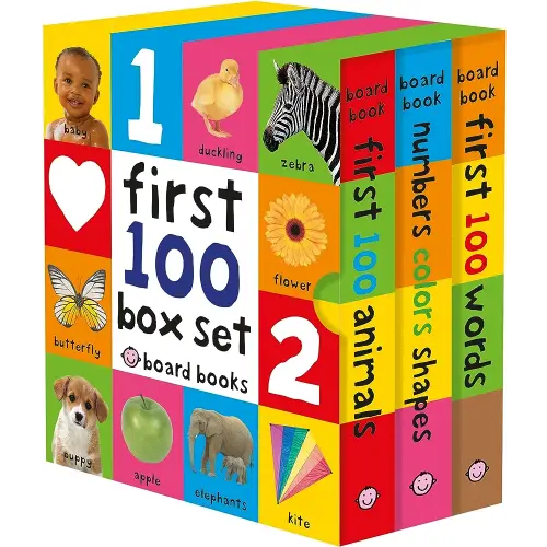 First 100 Board Book Box Set (3 books): First 100 Words, Numbers Colors Shapes, and First 100 Animals