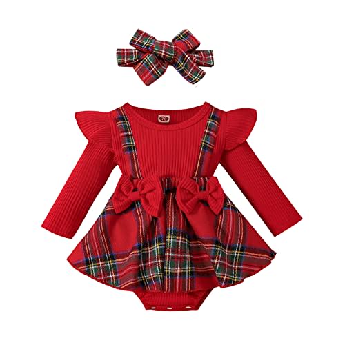 MERSARIPHY Baby Girl Fall Winter Outfits Plaid Christmas Romper Newborn Dress Infant Lace Ruffle Ribbed Knit Cute Clothes Set