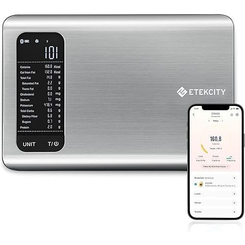 Etekcity Smart Food Kitchen Scale with Nutritional Calculator, Free App with 19 Nutrients Tracking, Calorie, Marco, Digital grams and ounces for weight loss, Premium Stainless Steel, 11lb