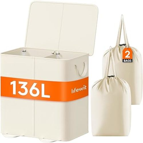 Lifewit Double Laundry Hamper with Lid and Removable Laundry Bags, Large Collapsible 2 Dividers Dirty Clothes Basket with Handles for Bedroom, Laundry Room, Closet, Bathroom, College, Ivory White