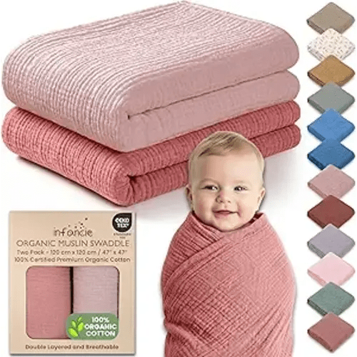 Organic Muslin Baby Blanket 2-Pack Rose & Peach, 47x47 Inch 100% Organic Cotton Oeko-TEX Certified Hypoallergenic Swaddle Blanket for Newborn Girls, Elegant Baby Girl Shower Gift