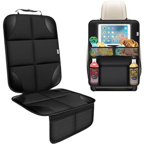 Car Seat Protector Under Baby Car Seat+ Seat Back Protector Organizer Kick Mat, 600d Fabric Waterproof Backing Carseat Protector with Storage Pockets, Non-Slip (No Imprints) (1 Pack)
